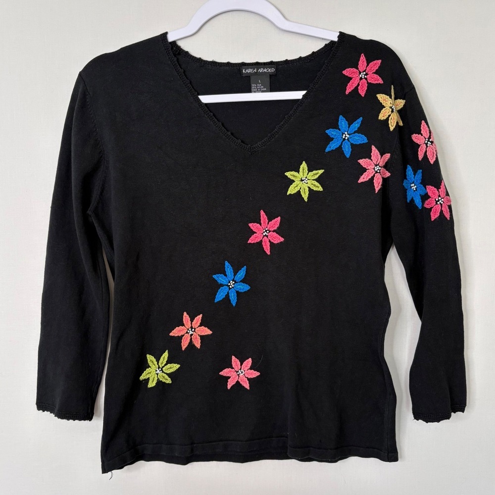 Vtg Karen Arnold L Black Silk Blend Top Flower Applique Cottagecore Fairycore